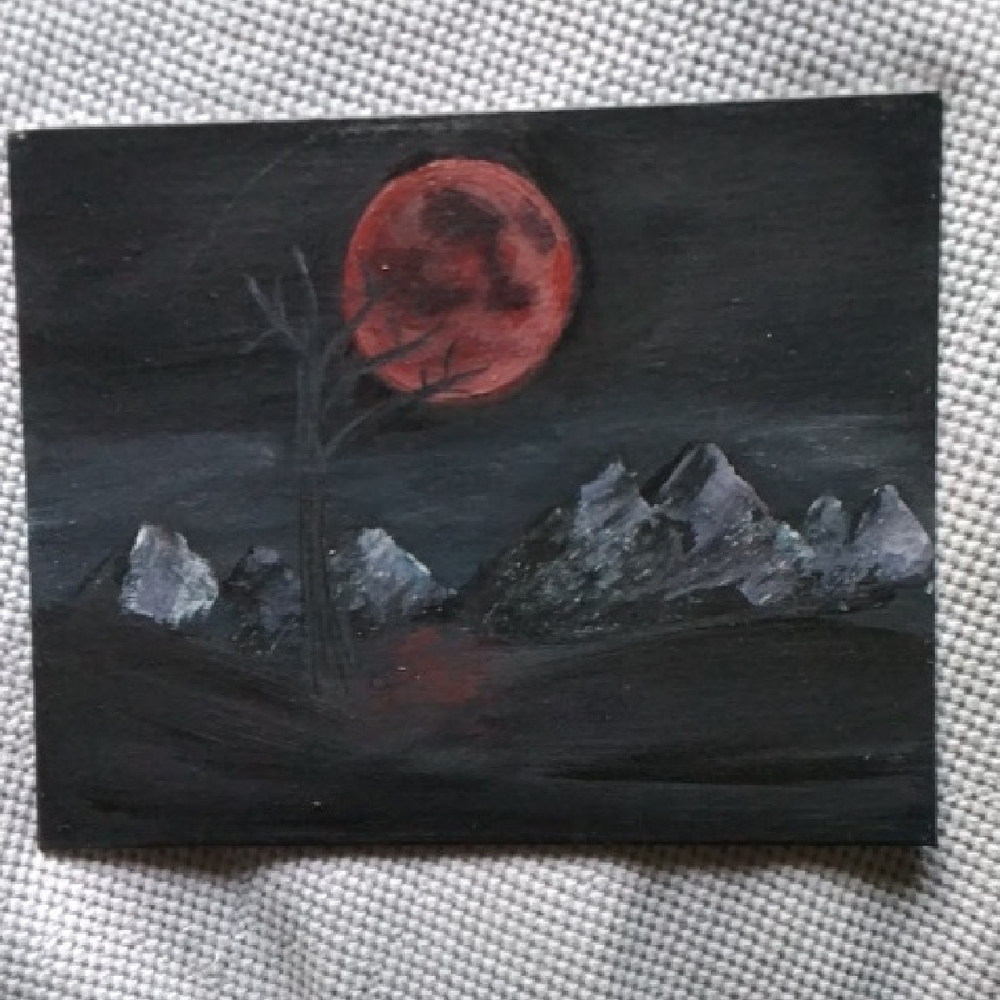 Mystical Red Moon Mountain Painting